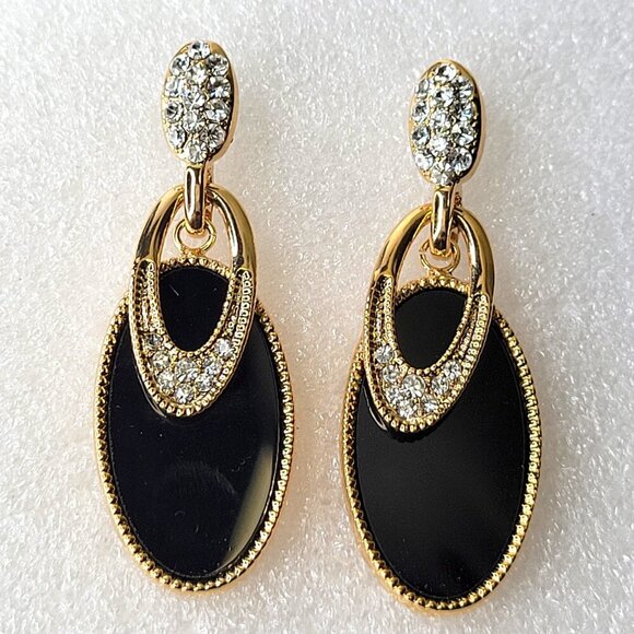 Black and Gold Oval Drop Earrings with Crystals - Picture 2 of 7